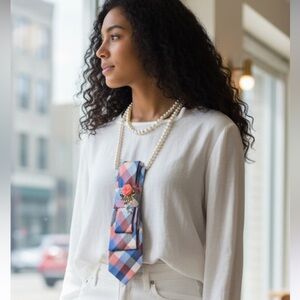 “Dainty Dapper”Colorful Checkered Tie necklace with Floral Pin